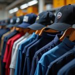 An organized display of various caps and shirts on hangers inside a clothing store.